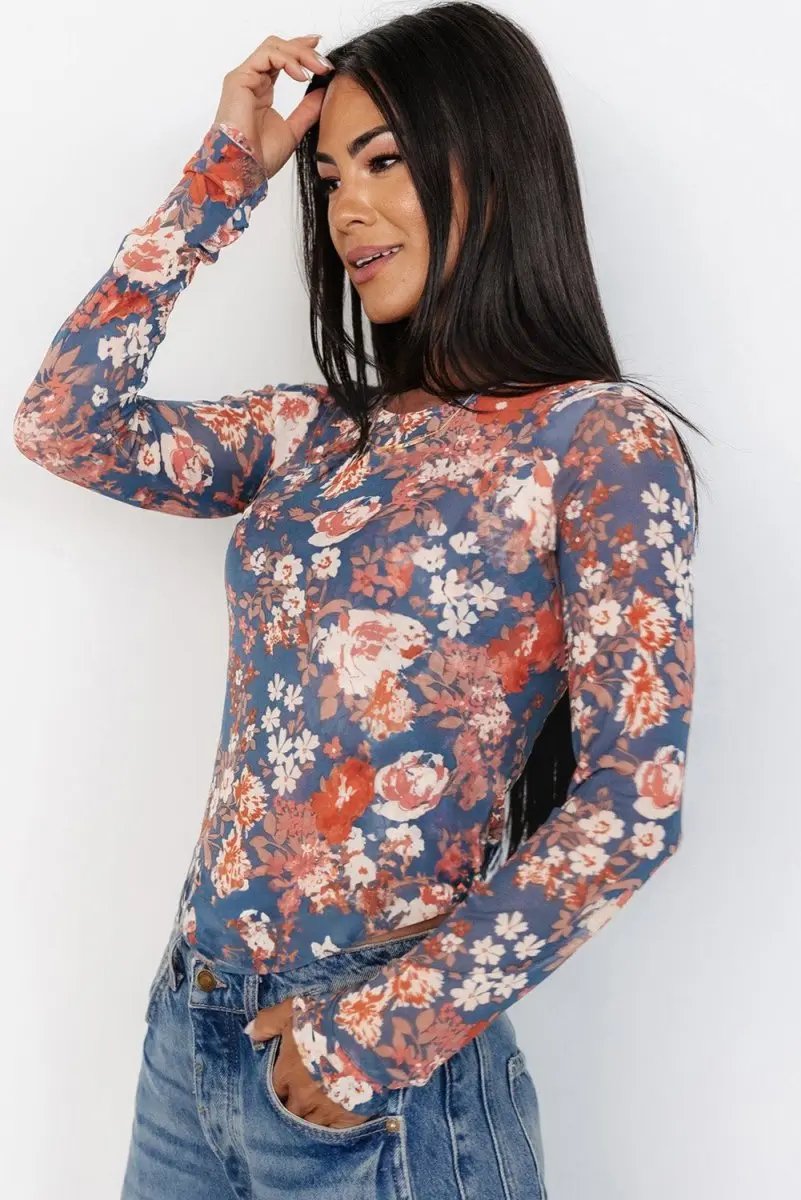 Orchid Petal Floral Print Mesh Fitted Long Sleeve Top - Love Salve